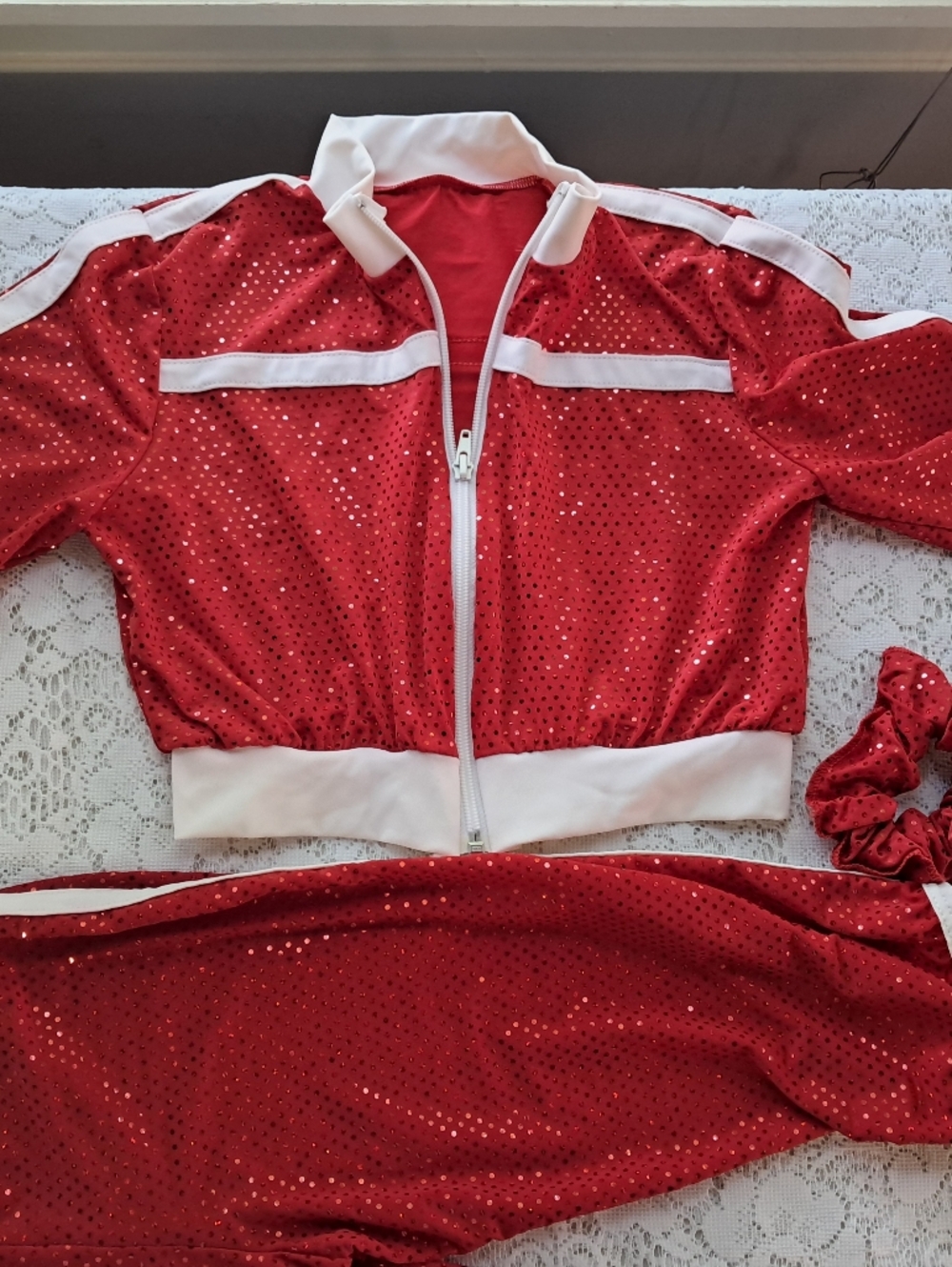 5 pc Dance Bundle Girls 6x Red Sequin Jacket, Pants, Bodysuit. Tights & Pony